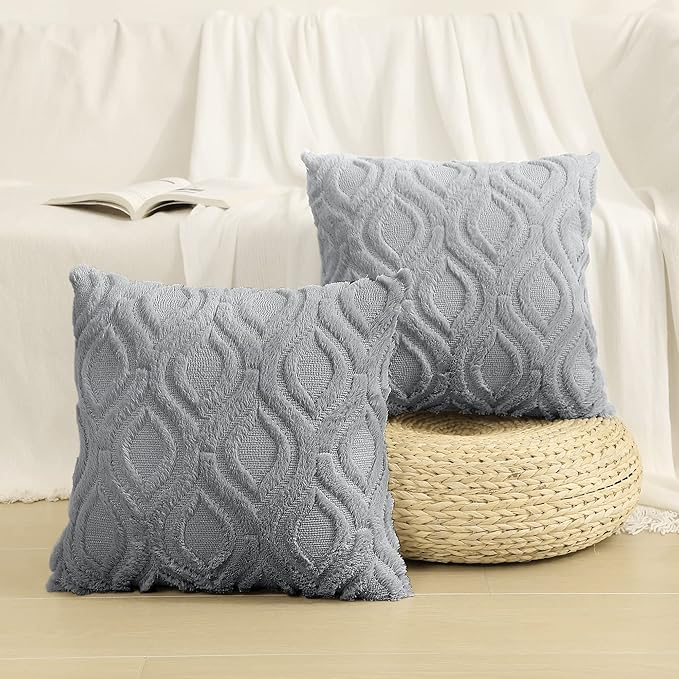 decorUhome Throw Pillow Covers 24x24 Inch Set of 2, Soft Plush Faux Wool Grey Solid Couch Pillow Covers, Accent Euro Sham Farmhouse Neutral Square Pillow Cases for Sofa Bed Living Room