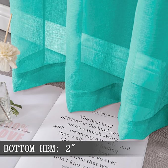 Tollpiz Sheer Curtains Living Room Linen Textured Curtain Sheers Light Filtering Voile Rod Pocket Curtains for Bedroom, 38 x 63 inches Long, Aqua Blue, Set of 2 Panels