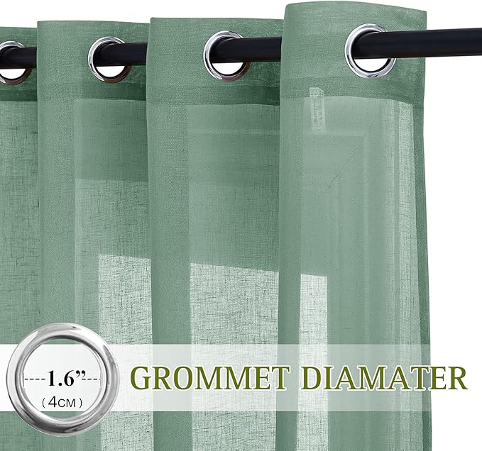 NICETOWN Linen Sheer Curtains Flax Textured for Living Room, Grommet Semi Sheer Vertical Drapes Privacy with Light Filter for Home Office/Farm House, W52 x L84, Olive Green, 1 Pair