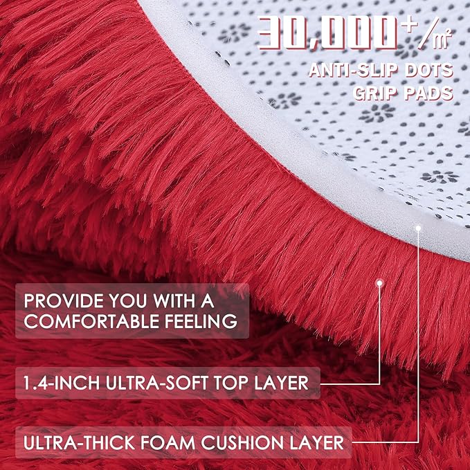 OLANLY Red Round Rugs for Bedroom - Machine Washable, 7 ft Circle Area Rugs for Living Room, Soft and Fluffy Shaggy Carpet for Teen Girls and Boys, Nursery Rooms, Dorms, Home Decor Aesthetic