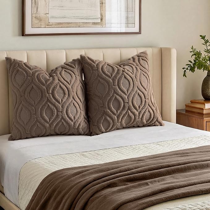 decorUhome Throw Pillow Covers 22x22 Inch Set of 2, Soft Plush Faux Wool Brown Solid Couch Pillow Covers, Accent Euro Sham Farmhouse Neutral Square Pillow Cases for Sofa Bed Living Room