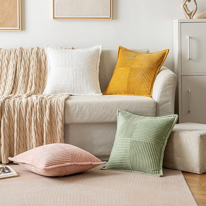 MIULEE Decorative Throw Pillow Covers for Couch Bed Livingroom 20x20 Inch Set of 2 White Boho Accent Throw Pllows Broadside Striped Patchwork Soft Corduroy Pillowcases