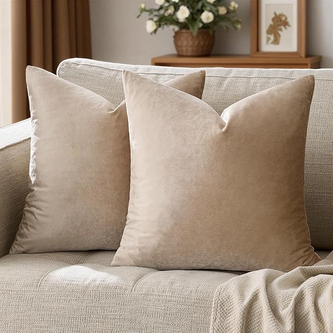 GIGIZAZA Decorative Throw Pillow Covers 26x26,Set of 2 Taupe Square Couch Pillow Covers,Velvet Sofa Boho Cushion Pillows