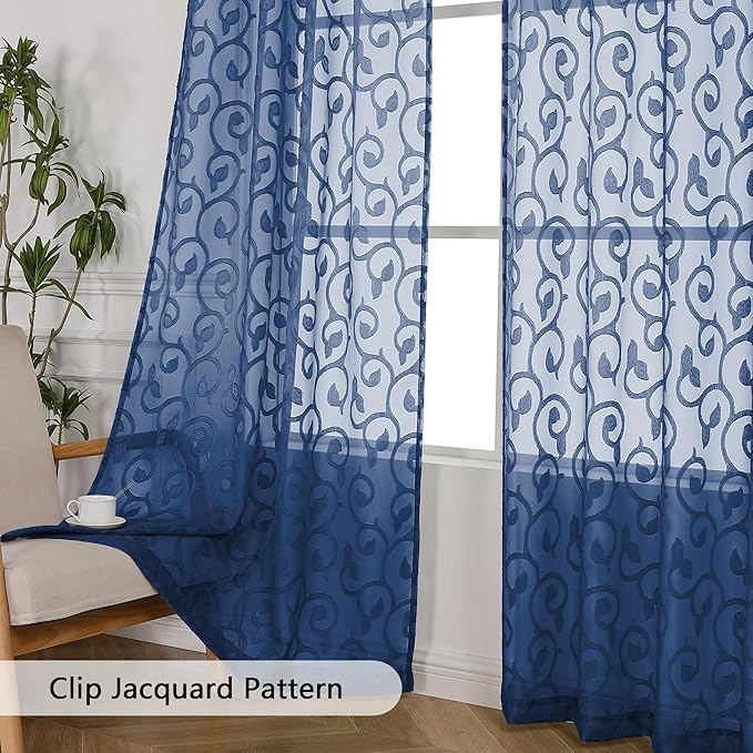 OWENIE Furman Sheer Curtains 72 inches Long 2 Panels Set, Light Filtering Top Rod Pocket Semi Sheer Door Curtains, Geometric Jacquard Clip Design for Bedroom Living Room, Blue 40Wx72L inch