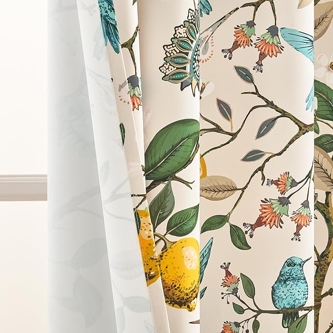 Topfinel Floral Curtains 96 Inches Long 2 Panels Unique Beige Luxury Elegant Colorful Euro Flower Hummingbird Patterned Rustic Vintage Grommet Drapes for Classroom Room Office Closet 52x96