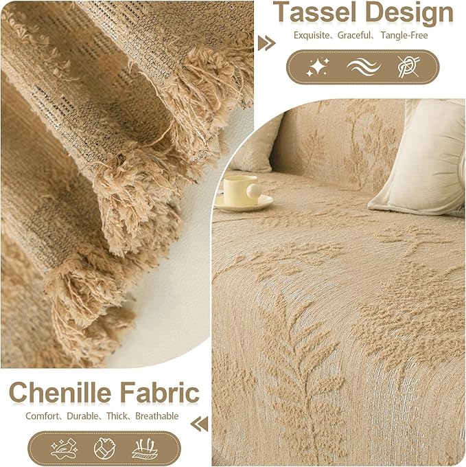HANDONTIME Washable Couch Covers for Sofa Boho Couch Covers for 3 Cushion Sofa Pet Friendly Camel Chenille Jacquard Couch Protector for Dogs Plant Branch Sectional Cover Sofa Slipcovers, 71" X 150"