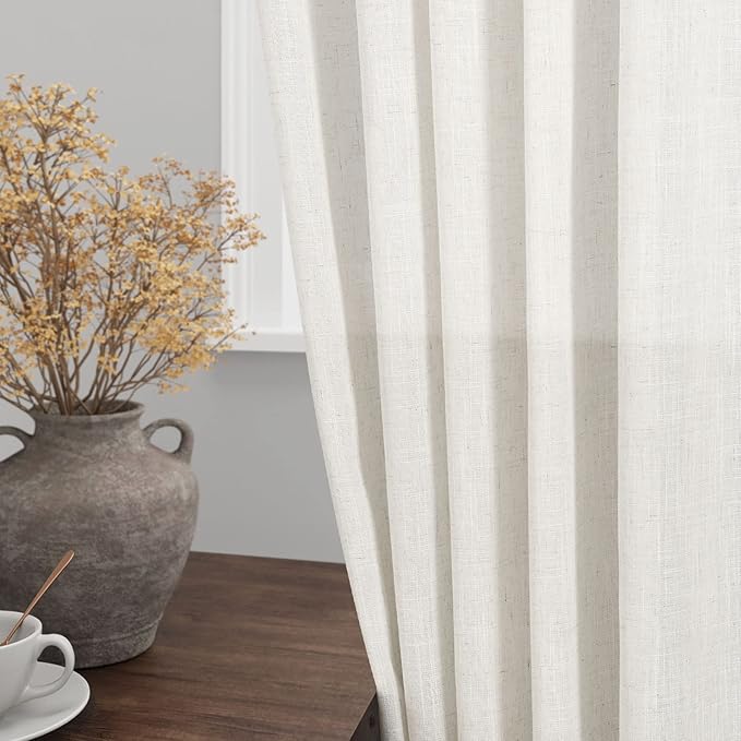 Cream Linen Curtains 61 Inch Length for Living Room 2 Panels Set Neutral Modern Farmhouse Window Curtain Semi Sheer Light Filtering Privacy Back Tab Rod Pocket Drapes for Bedroom Natural Ivory 52x61