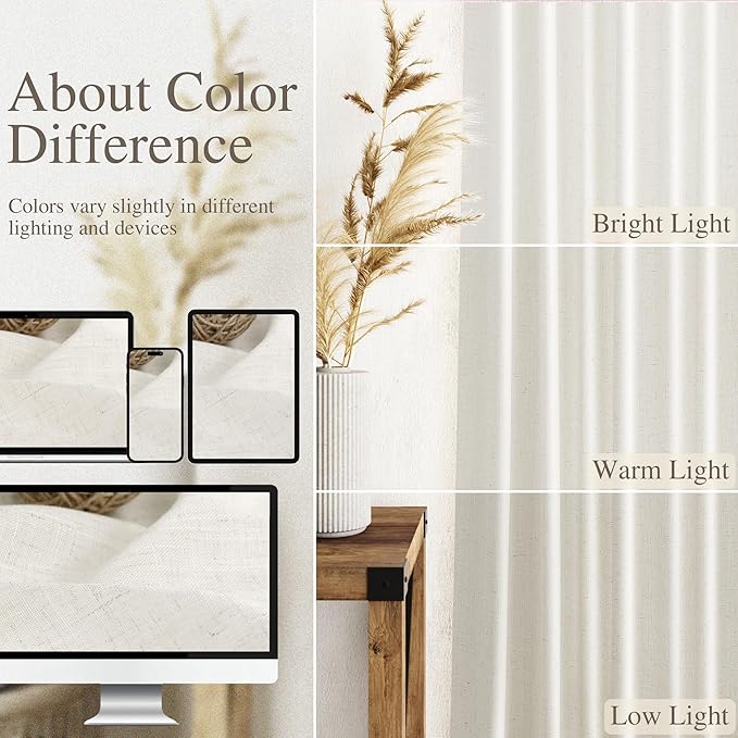 Cream Linen Curtains 110 Inches Long 2 Panels Set for Living Room Extra Long Back Tab Curtains Neutral Farmhouse Light Filtering Semi Sheer Linen Drapes Ceiling to Floor for Large Window 52x110