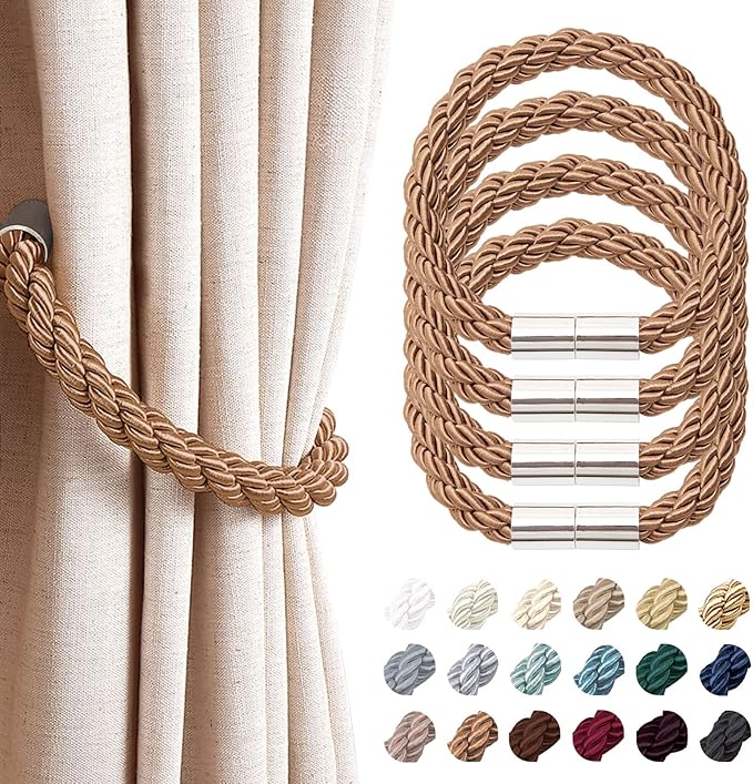 NICEEC 4 Pack Strong Magnetic Curtain Tiebacks Modern Simple Style Drape Tie Backs Convenient Decorative Weave Rope Curtain Holdbacks for Thin or Thick Home & Office Window Draperies (Light Coffee)