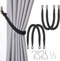 NICEEC 4 Pack Natural Cotton Rope Curtain Tiebacks Elegant Boho Style Decorative Drape Tie Backs Soft Hand-Woven Rope Curtain Holdbacks with Metal Hook for Home & Office Drapery (Black)