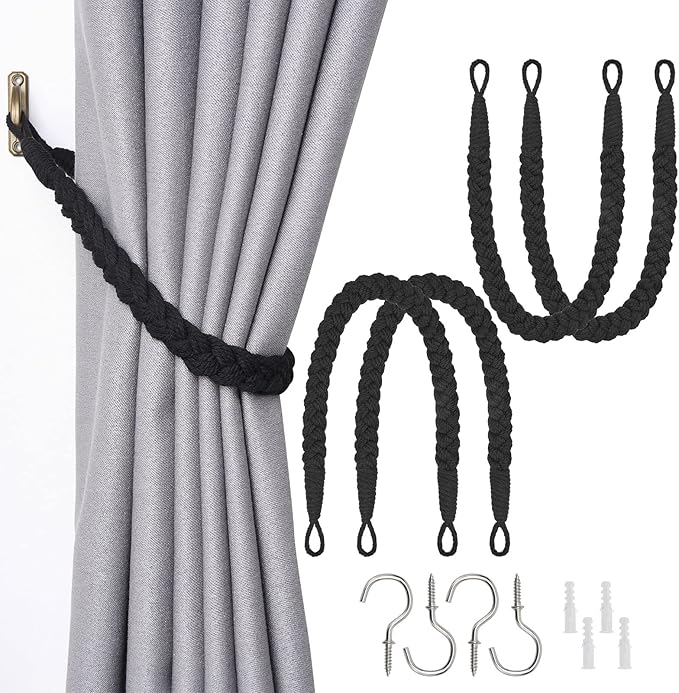 NICEEC 4 Pack Natural Cotton Rope Curtain Tiebacks Elegant Boho Style Decorative Drape Tie Backs Soft Hand-Woven Rope Curtain Holdbacks with Metal Hook for Home & Office Drapery (Black)