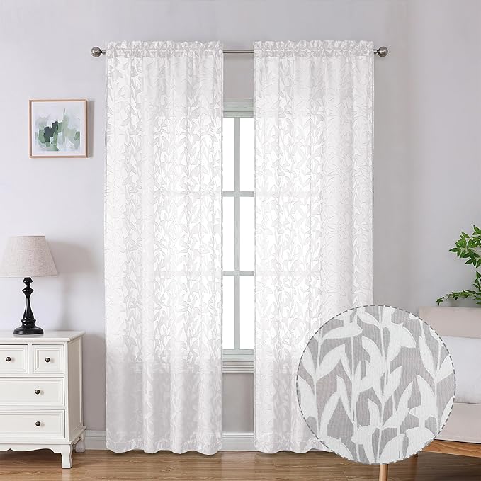 Lecloud Leia White Sheer Curtains 90 Inches Long 2 Panels, Breathable Jacquard Textured Windows Curtains for Bedroom Living Room, Farmhouse Leaves Voile Drapes Dual Rod Pocket, 38 W x 90 L