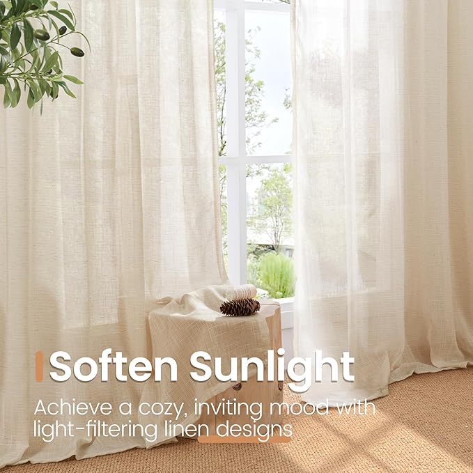 BGment Short Natural Linen Curtains 36 Inch Length for Windows, Small Sheer Drapes Lightweight Rustic Textured for Bathroom Over Sink Cafe Decor Rod Pocket, 2 Panels Set, 24 Inch Wide