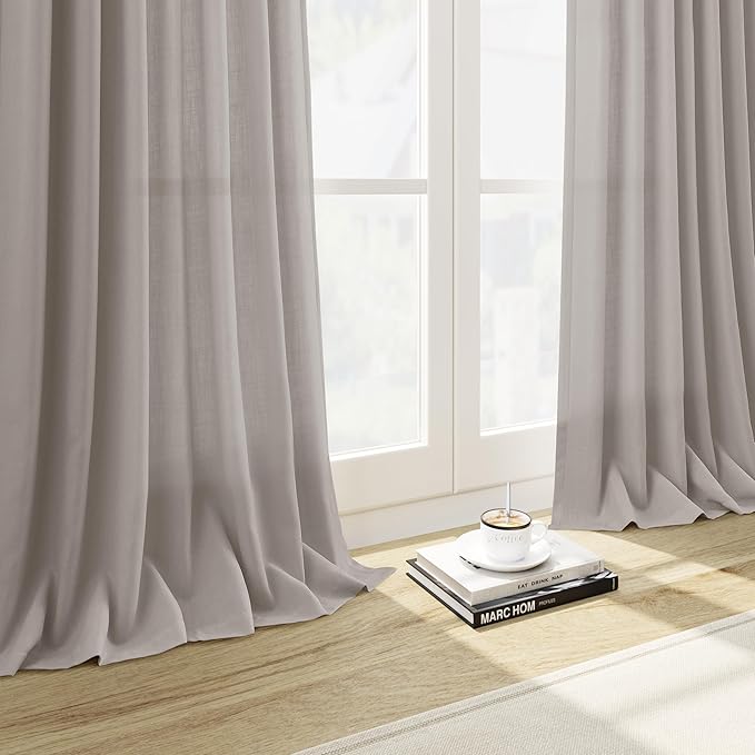 Nanspring Stone Grey Linen Curtains 96 Inches Long for Living Room Simple Modern Light Filtering Semi Sheer Curtain Back Tab and Rod Pocket Neutral Luxury Drapes for Bedroom Office 52x96, 2 Panels