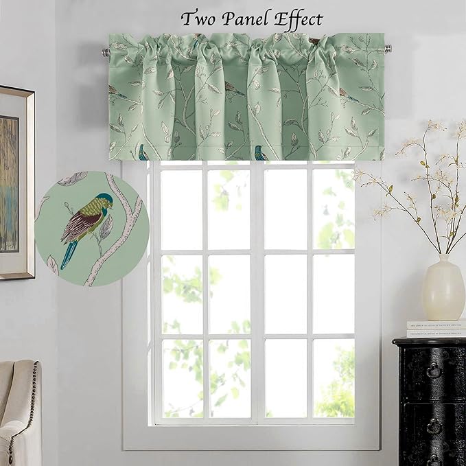 H.VERSAILTEX Blackout Curtain Valances for Kitchen Window/Living Room/Bathroom Privacy Added Rod Pocket Home Decoration Winow Valance, 52" W x 18" L, Birds in Sage