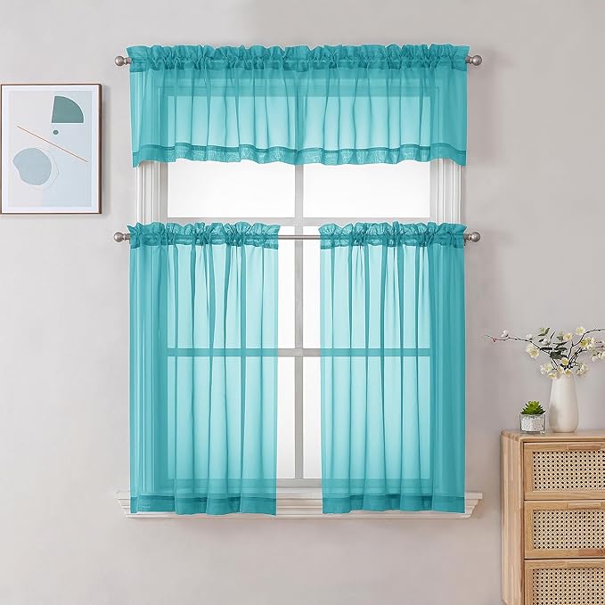Gwine Turquoise Sheer Curtains 30 Inch Length, Short Light Filtering Voile Small Cafe Kitchen Curtains with Rod Pocket, Short Curtain for Bathroom Window, 42x30 Inch, 2PCS