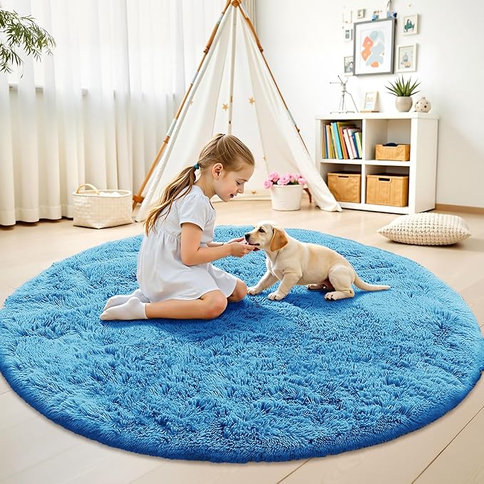OLANLY Bright Blue Round Rugs for Bedroom - Machine Washable, 7 ft Circle Area Rugs for Living Room, Soft and Fluffy Shaggy Carpet for Teen Girl and Boys, Nursery Rooms, Dorms, Home Decor Aesthetic