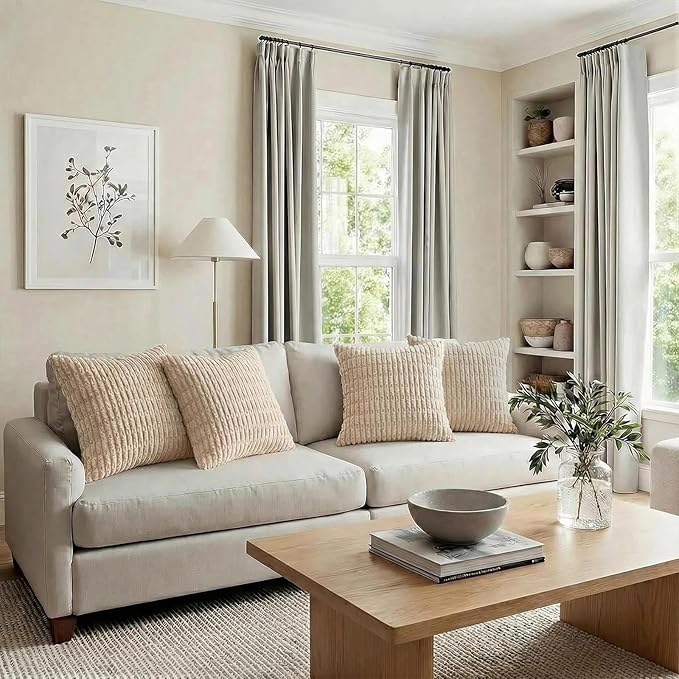 Fancy Homi 4 Packs Beige Decorative Throw Pillow Covers 20x20 Inch for Living Room Couch Bed Sofa, Tan Rustic Farmhouse Boho Home Decor, Soft Plush Striped Corduroy Square Cushion Case 50x50 cm