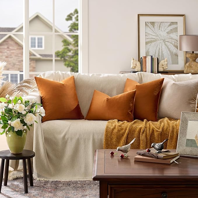 GIGIZAZA Velvet Throw Pillow Covers 24x24 Dark Burnt Orange Pillows Couch Cushion Decorative Covers Set of 2 Pillow Covers for Bedroom Living Room