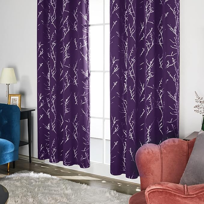 Deconovo Blackout Curtains, Purple Curtain, Thermal Insulated Soundproof Grommet Drapes, Silver Tree Foil Print, 52 x 63 Inch, 2 Panels, Machine Washable Window Panel for Living Room Bedroom Office