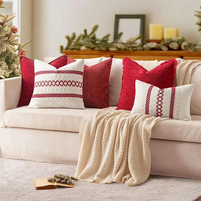 MIULEE Pack of 2 Christmas Pillow Covers 12x20 Inch Red Farmhouse Decorative Throw Pillow Covers with Stitched Edge Soft Chenille Solid Dyed Couch Pillow Covers for Sofa Bed Living Room