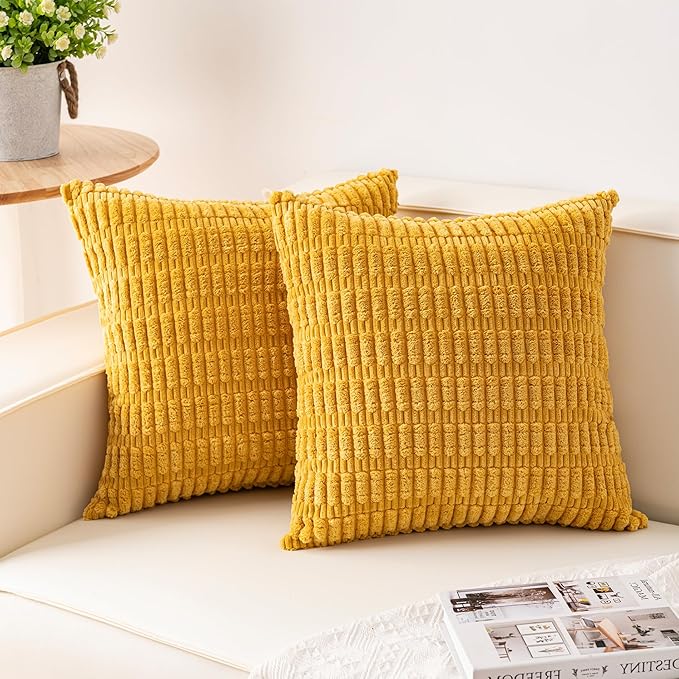 Pack of 2 Corduroy Decorative Throw Pillow Covers 18x18 InchSoft Boho Striped Pillow Covers Modern Farmhouse Home Decor for Sofa Living Room Couch Bed(Yellow)