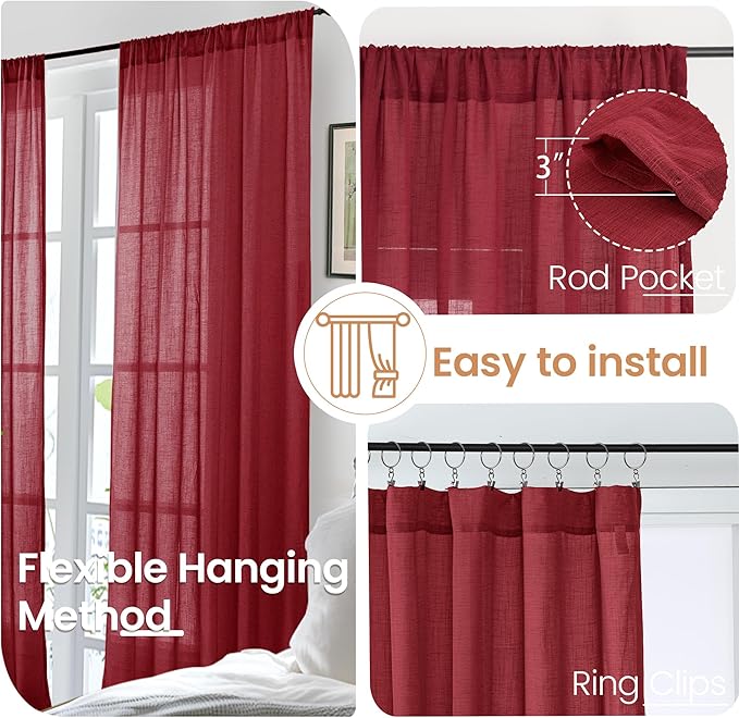 BGment Burgundy Linen Curtains 84 Inch Length for Living Room, Light Filtering Window Drapes Semi Sheer Textured with Rod Pocket for Dining Bedroom Lightweight, Set of 2, Each 42 Inch Wide