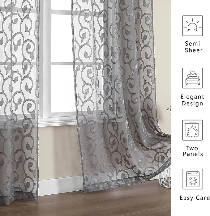 OWENIE Furman Sheer Curtains 45 Inch Long 2 Panels Set, Airy Jacquard Clip Short Voile Curtains for Kitchen Dinning Room Small Windows Bedroom Living Room, Top Dual Rod Pocket, Grey, 28Wx45L inch