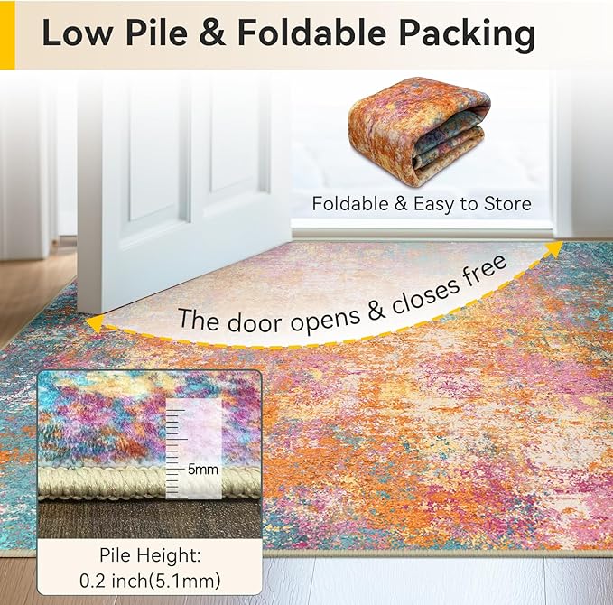Washable Area Rugs 2'x10' Non-Slip Modern Abstract Soft for Living Room Entryway Bedroom Nursery, Print Pattern, Orange Blue Pink Yellow Colorful