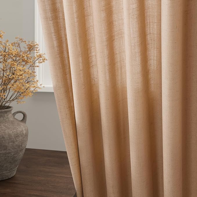Nanspring Camel Linen Curtains 80 Inches Long for Bedroom Back Tab Light Filtering Privacy Semi Sheer Curtain Modern Farmhouse Decor Camel Linen Elegant Drapes for Living Room 2 Panels Set 52x80
