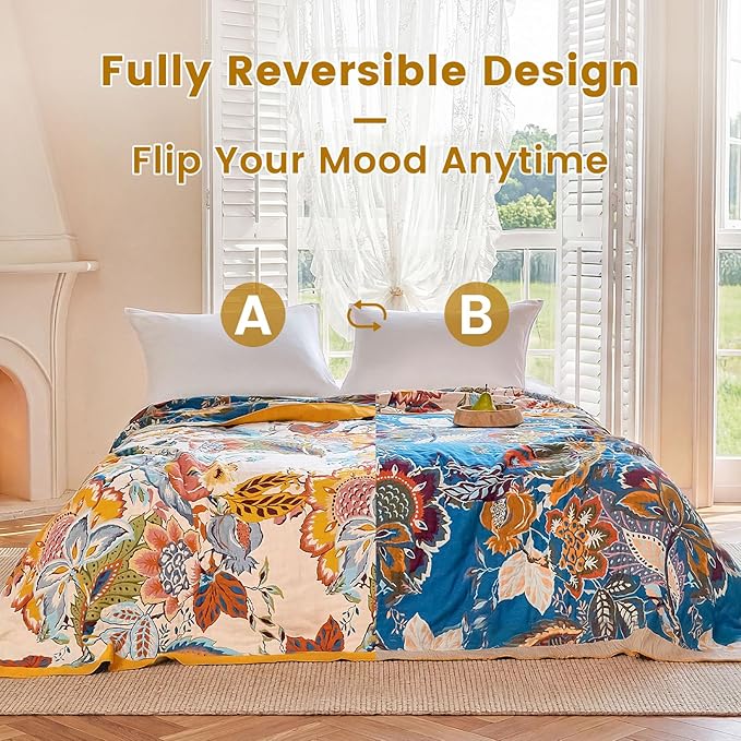 MSGKV Boho Throw Blanket 90"x90" Floral Cotton Blanket for Bed Spring Breathable Lightweight Farmhouse Queen Blankets Home Decor Muslin All Seasons
