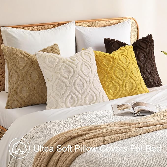 decorUhome Summer Throw Pillow Covers 24x24 Inch Set of 2, Soft Plush Faux Wool Mustard Yellow Solid Couch Pillow Covers, Accent Euro Sham Farmhouse Square Pillow Cases for Sofa Bed Living Room