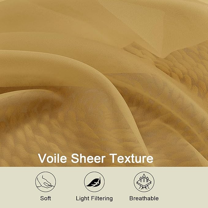 Sheer Gold Curtains for Bedroom Living Room 54 Inch Length 2 Panels Set, Solid Soft Airy Light Filtering Window Treatments, Modern Rod Pocket Drapes, Gold, 42" Wx54 L Inches