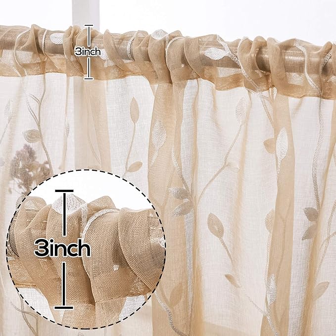 AmHoo 2 Panels Embroidered Leaf Pattern Semi Sheer Curtains Foliage Floral Voile Window Draperies Treatment for Bedroom Living Room Rod Pocket Beige 53 x 84 Inch