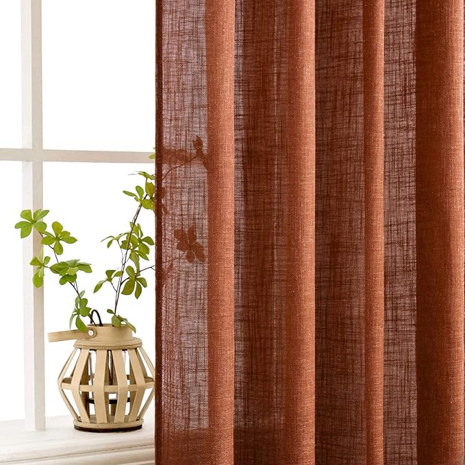 MIULEE Burnt Orange Linen Curtains 108 Inches Long for Living Room, Soft Thick Linen Textured Window Drapes Terracotta Rust Boho Fall Decor Semi Sheer Light Filtering Rod Pocket Back Tab, 2 Panels