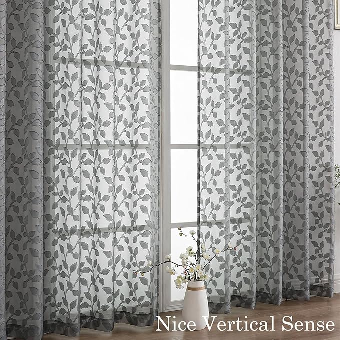 Chyhomenyc Extra Long Charcoal Grey Sheer Curtains 120 Inch Length 2 Panels Set, Light Filtering Tufted Textured Soft Airy Rod Pocket Leaf Window Treatment Drapes for Living Room, 52" Wx120 L, 2PCS
