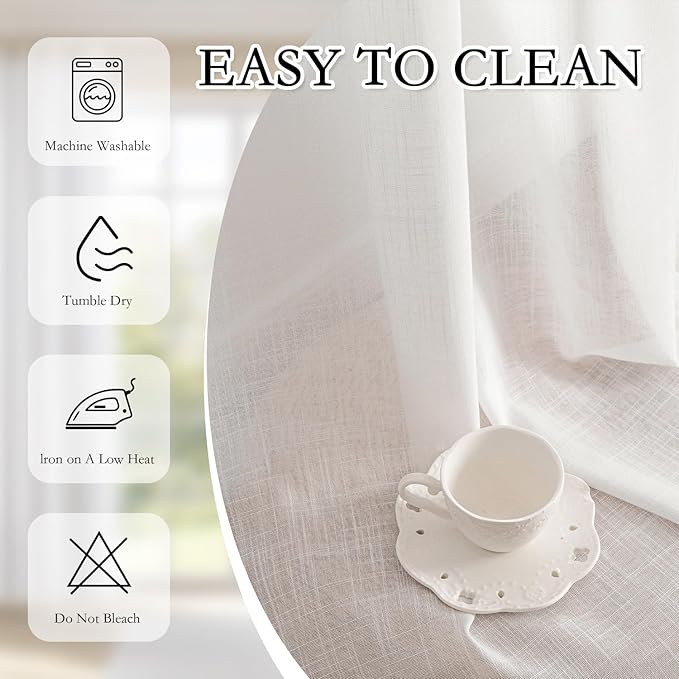 MYSKY HOME White Sheer Curtains 63 inch length Semi Sheer Curtains for Bedroom Light Filtering Short Window Treatment Privacy Protect Drapes Set, Back Tab Boho Farmhouse Linen Soft, 50" Wide, 2 Pieces