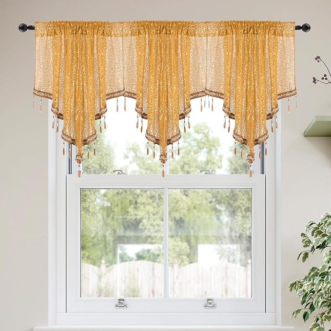 Molaxhome Swag Curtain 51 inch Length Rod Pocket Scalloped Curtain Valance Sheer Lace Panels with Hanging Crystal Beads for Kitchen Bedroom Window Treatments Drape Decor 1pc (Sequin Yellow, 51Wx23L)