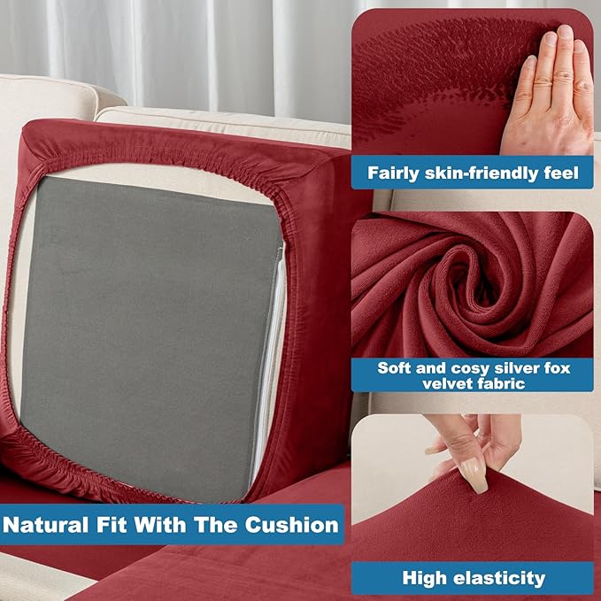 Couch Cover Stretch Velvet Sofa Cushion Cover 1-Piece - Elastic Washable Slipcover for Seat or Backrest, Couch Seat Covers for Sofas (Christmas Red)