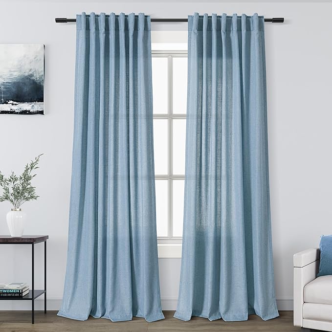 Dusty Blue Linen Curtains 92 Inch Length 2 Panels Set for Living Room Back Tab Rod Pocket Pinch Pleated Window Curtain Drapes Neutral Rustic Farmhouse Decor Dining Room Curtain 92 Inches Long