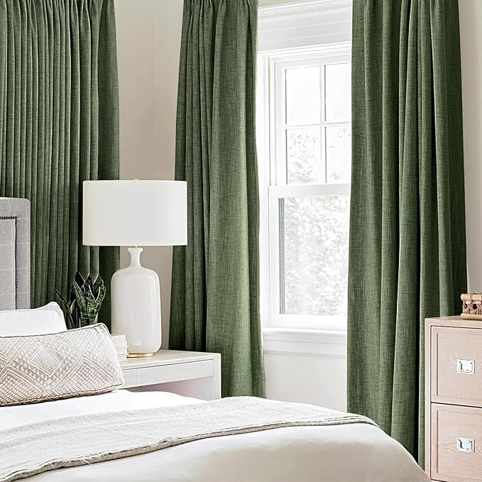 MIULEE 100% Blackout Linen Textured Curtains for Bedroom Solid Thermal Insulated Olive Green Grommet Room Darkening Curtains & Drapes Luxury Decor for Living Room Nursery 42 x 63 Inch (2 Panels)