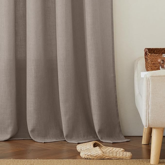 RYB HOME Linen Curtains for Bedroom - Light Airy Semi Sheer Curtains Large Window Decor for Living Room Sun Room Sliding Glass Door, Birch Brown, 52 inch Wide x 102 inch Long, 1 Pair