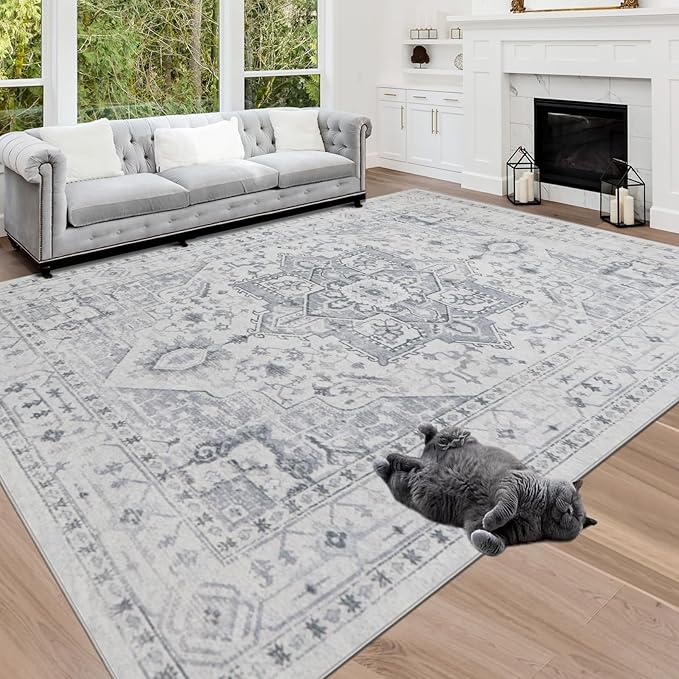 Area Rug 8x10 Washable Area Rugs for Living Room- Ultra Soft Non-Shedding Faux Wool Bedroom Rug Large Grey Vintage Print Rugs with Non Slip Rubber- Indoor Retro Foldable Carpet for Dining Room