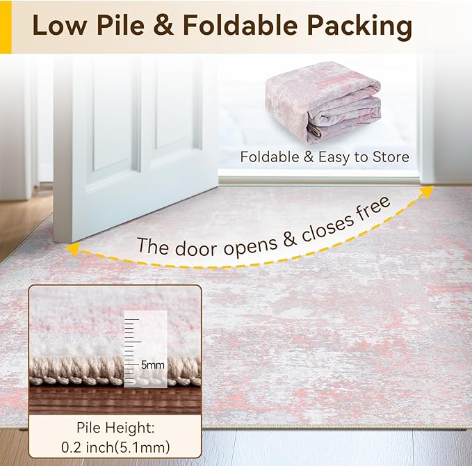 Washable Area Rugs 2'x6' Non-Slip Modern Abstract Soft for Living Room Entryway Bedroom Nursery, Print Pattern, Grey Pink