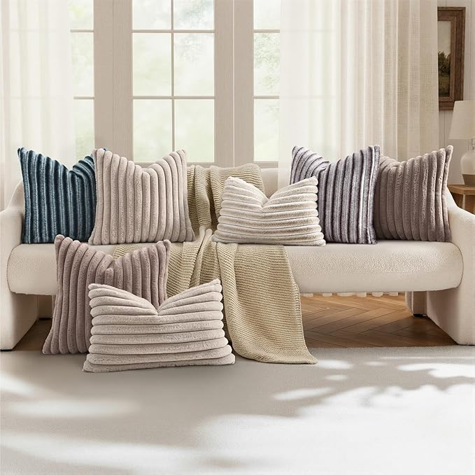 decorUhome Cozy Faux Fur Throw Pillow Covers 26x26 Set of 2 Decorative Soft Plush Striped Modern Farmhouse Boho Couch Euro Sham Pillow Cases with Velvet Back for Sofa Bed Living Room, Brown White