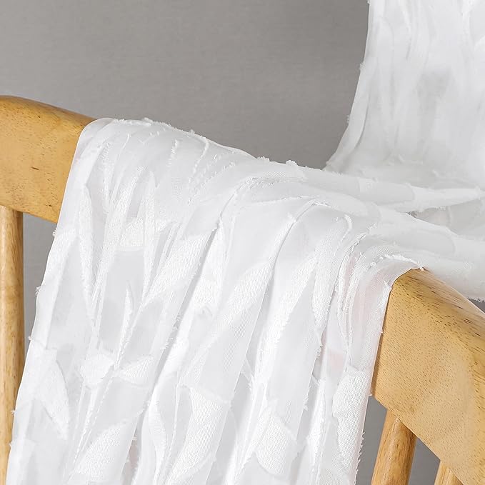 Lecloud Leia White Sheer Curtains 30 Inch Length 2 Pieces, Breathable Jacquard Texture Short Kitchen Curtains, Small Farmhouse Leaves Voile Drapes Dual Rod Pocket, 38 W x 30 L