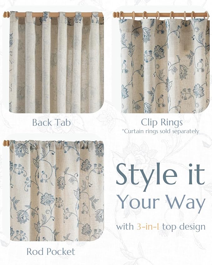 jinchan Linen Curtains Floral Curtains 96 Inch Length for Living Room Bedroom Light Filtering Rod Pocket Back Tab Jacobean Curtains Flax Linen Texture Window Drapes Set 2 Panels Blue on Linen