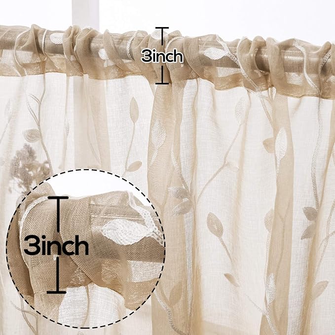 AmHoo 2 Panels Embroidered Leaf Pattern Semi Sheer Curtains Foliage Floral Voile Window Draperies Treatment for Bedroom Living Room Rod Pocket Taupe 53 x 95 Inch