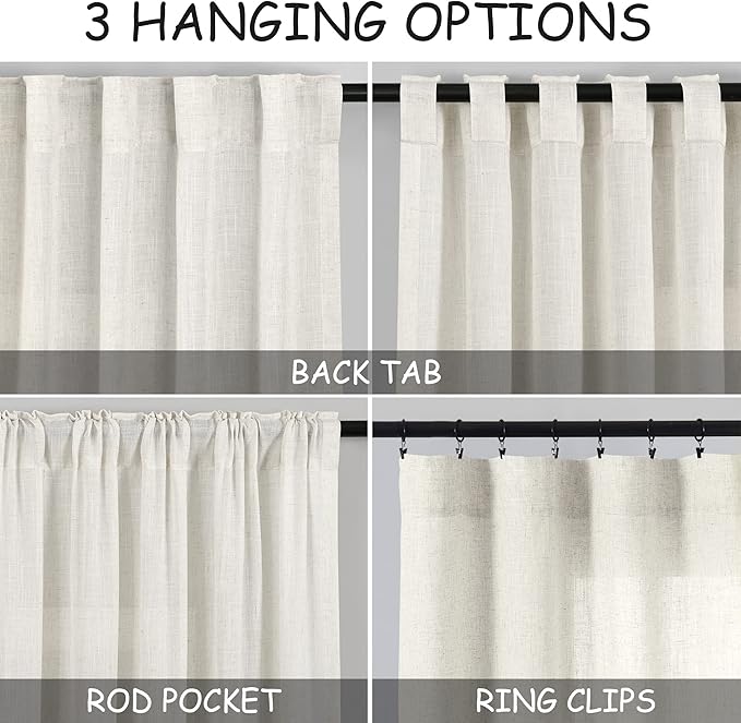Cream Linen Curtains 91 Inches Long for Living Room Extra Long Back Tab Curtains Neutral Farmhouse Light Filtering Semi Sheer Linen Drapes Ceiling to Floor for Large Window 2 Panels Set 52x91