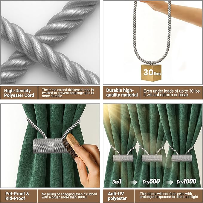 Hion Magnetic Curtain Tiebacks Grey 6 Pack, Curtain Tiebacks Buckles Holdbacks Holders Hooks Clip for Home Bedroom Office Decorative Thick or Thin Curtain